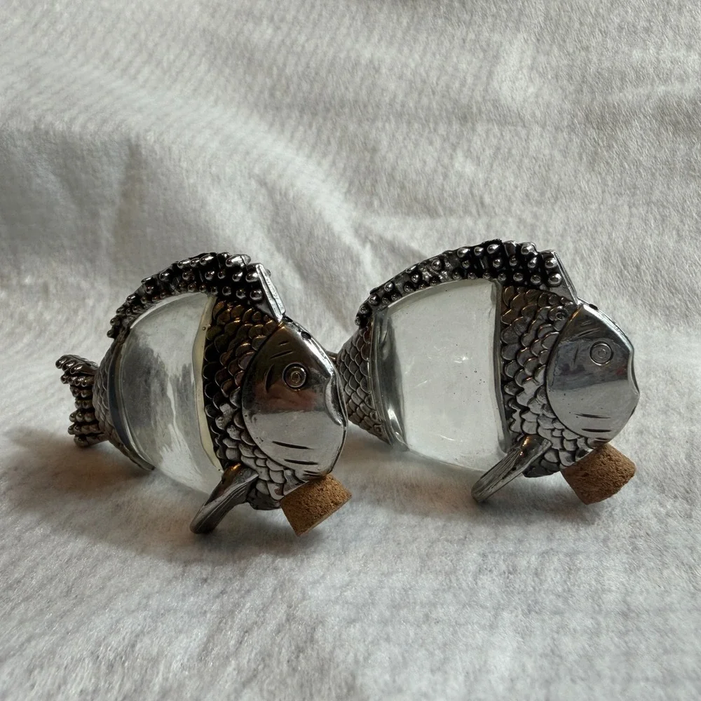 Vintage Silver Tone Metal and Glass Fish Salt and Pepper Shaker Set with Corks